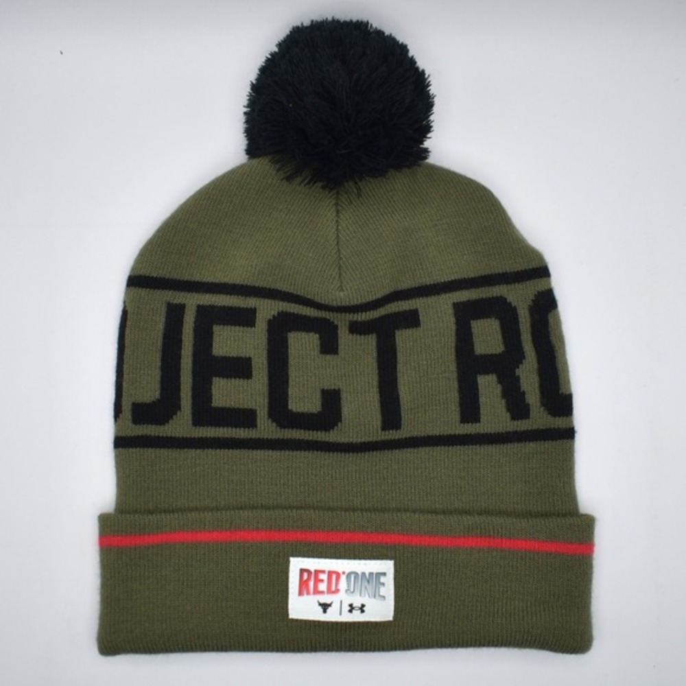 Under Armour Project Rock Red One Pom Beanie Hat Olive‎ Green NEW 6003768-390